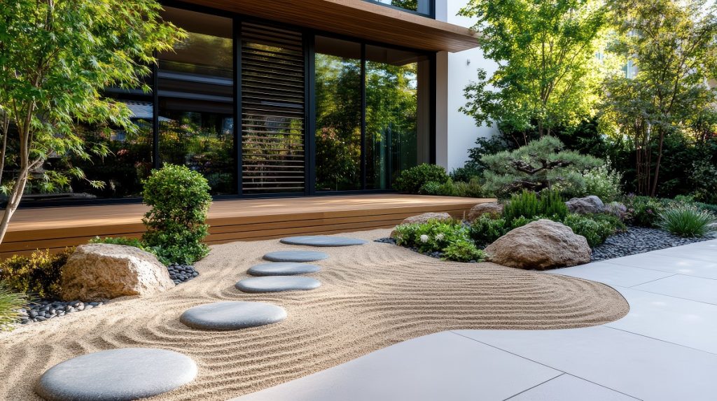 modern zen garden with rocks, raked sand, plants, and stone walkways