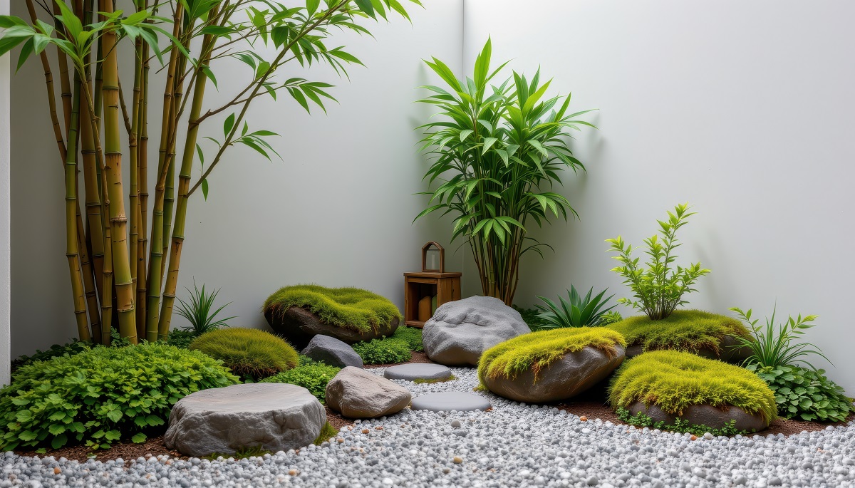 rocks, moss-covered stones, bamboo in a zen garden
