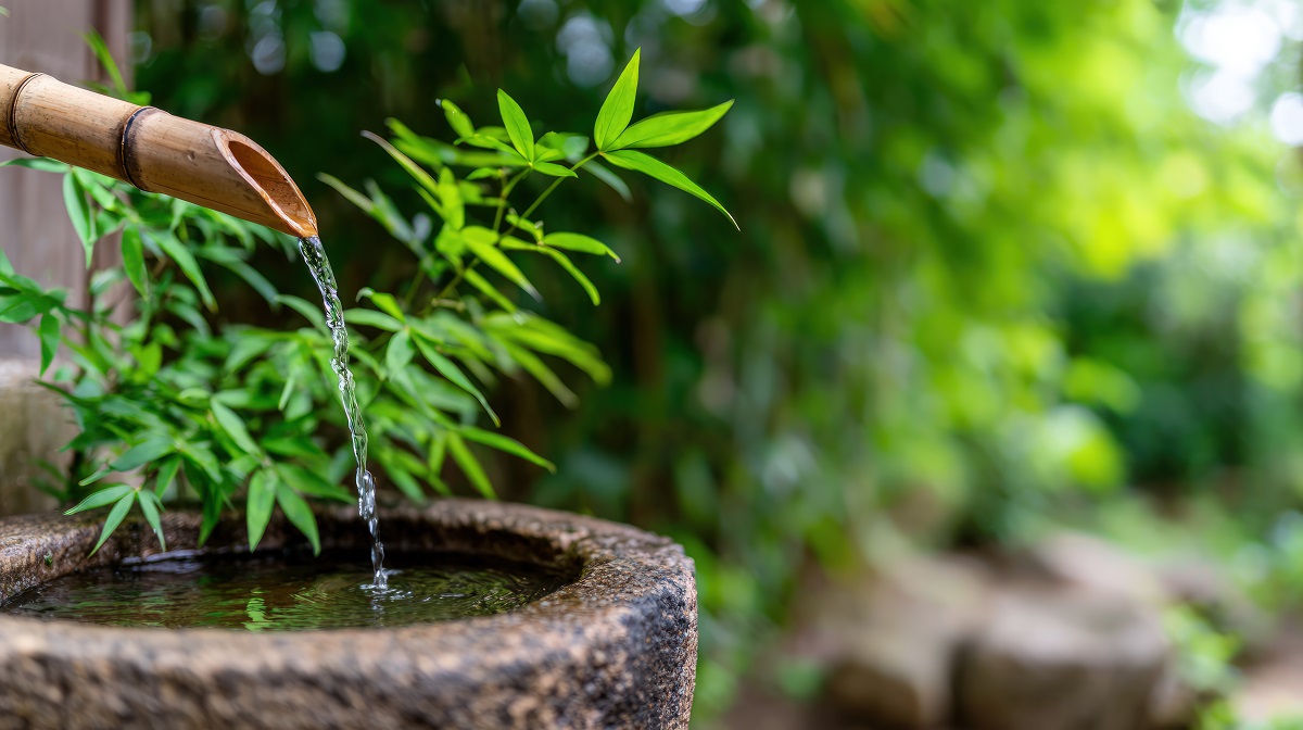 bamboo water spout over a stone basin in a zen garden